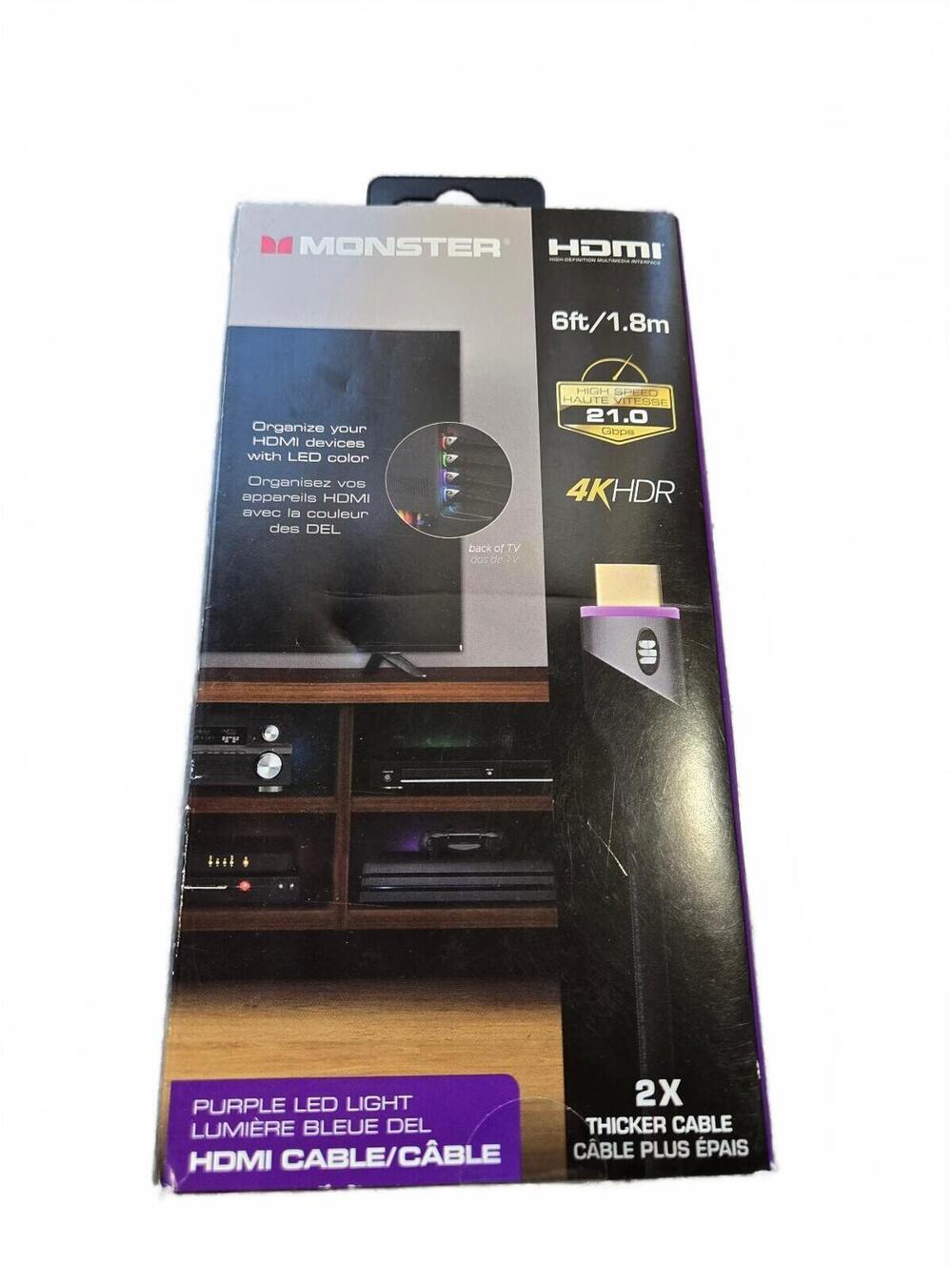 Monster 6ft 4K HDR High Speed HDMI Cable Purple LED Light 21.0 Gbps Sealed NIB